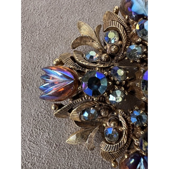 Vtg Florenza Gilt Maltese Cross Blue Borealis Brooch & Earrings Set Signed - Picture 4 of 16